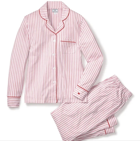 Petite Plume Pima Pajama Set In Antique Red Size Large Striped Embroidered EUC - Picture 5 of 16